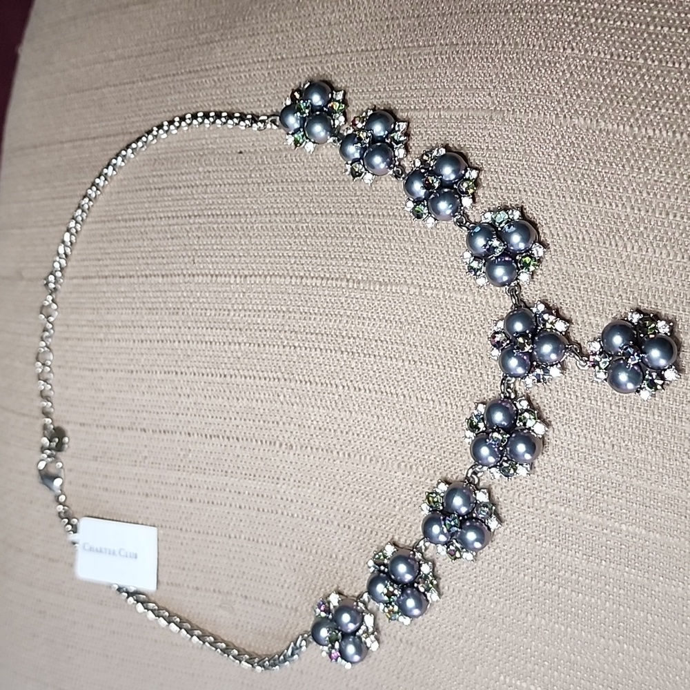 Charter Club Silver-Tone Crystal & Faux Pearl Cluster Lariat Necklace, NWT